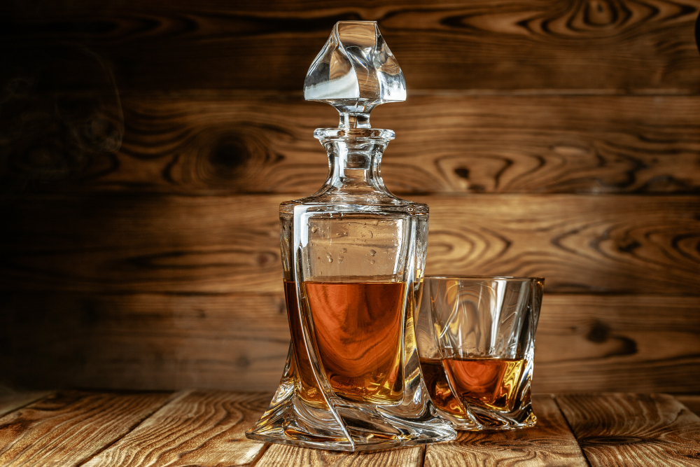 Eine Karaffe mit Whisky und ein gefülltes Whisky Glas als Symbolbild für Whisky in Karaffe umfüllen