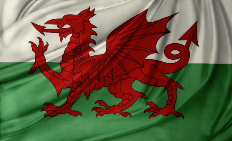 Eine Nahaufnahme der seidigen walisischen Flagge.