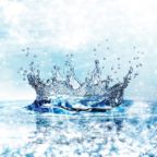 Water splash in dark blue color with a drop of water flying from above. 3d rendering