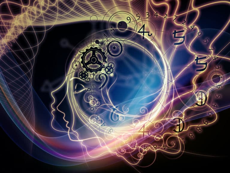 Ein Abstraktes Bild mit Zahnrädern, Notenschlüsseln Zahlen und Zeichen in einer blau und goldenen Spirale als Sinnbild für die Ergründung des Sinns des Lebens. Das Titelbild zur Folge 42 – Whisky und der Sinn des Lebens