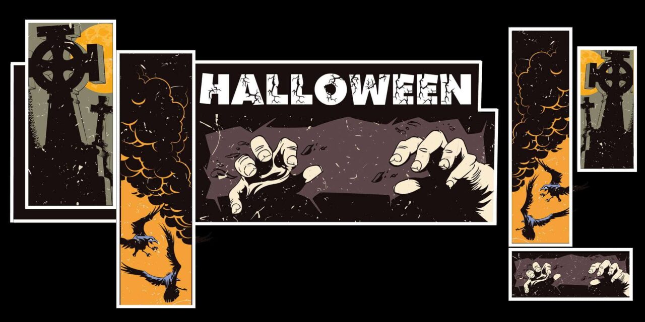 Mehrere Bildausschnitte von Halloween im Comic Stil als Titelbild zur Folge 56 - Halloween: Die Monster von Ardbeg