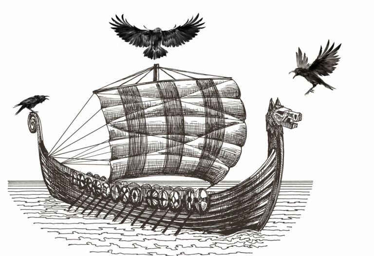 Ein Schwarz Weiß Bild eines Wikinger Drachenboots mit den drei Raben von Odin als Titelbild zur Folge 61 - Whisky aus Island: Auf den Spuren von Floki