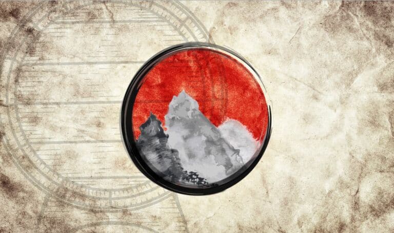 Ein Bild das Schwarz Weiße Berge und einen Roten Himmel als Sinnbild für die Farben Japans und als Titelbild zur Folge 62 – Japanischer Whisky: Aus dem Fass in den Kreis