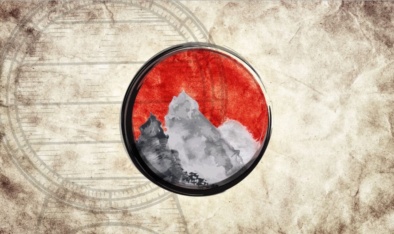 Ein Bild das Schwarz Weiße Berge und einen Roten Himmel als Sinnbild für die Farben Japans und als Titelbild zur Folge 62 – Japanischer Whisky: Aus dem Fass in den Kreis