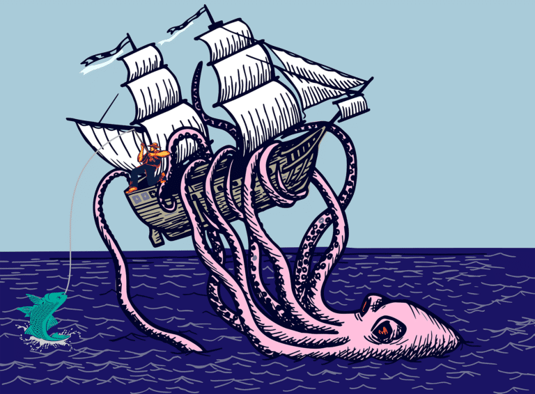 Ein gezeichnetes Schiff das auf dem Meer von einem Kraken angegriffen wird als Titelbild zur Folge 63 – Anglerlatein und Seemannsgarn