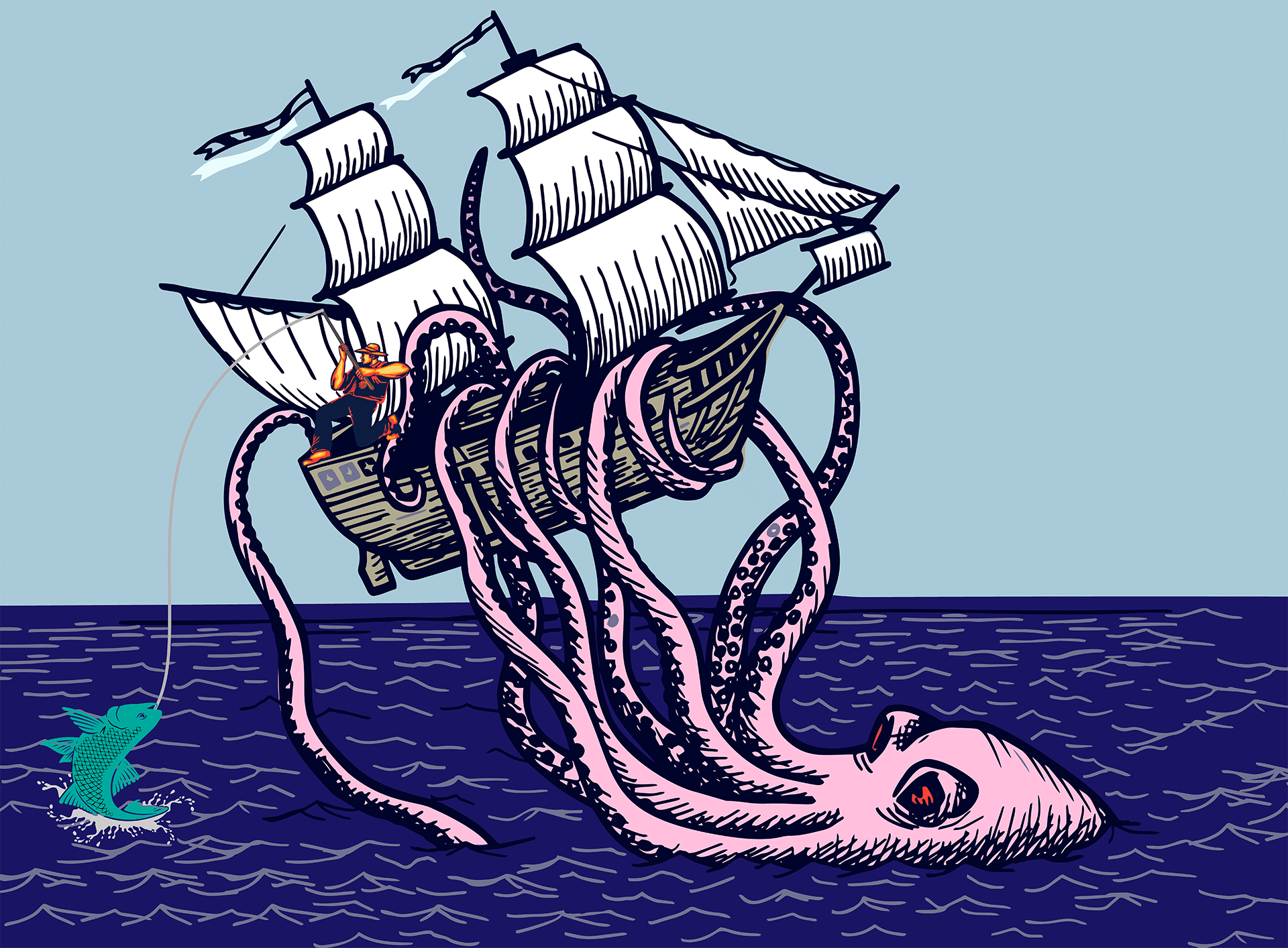 Ein gezeichnetes Schiff das auf dem Meer von einem Kraken angegriffen wird als Titelbild zur Folge 63 – Anglerlatein und Seemannsgarn