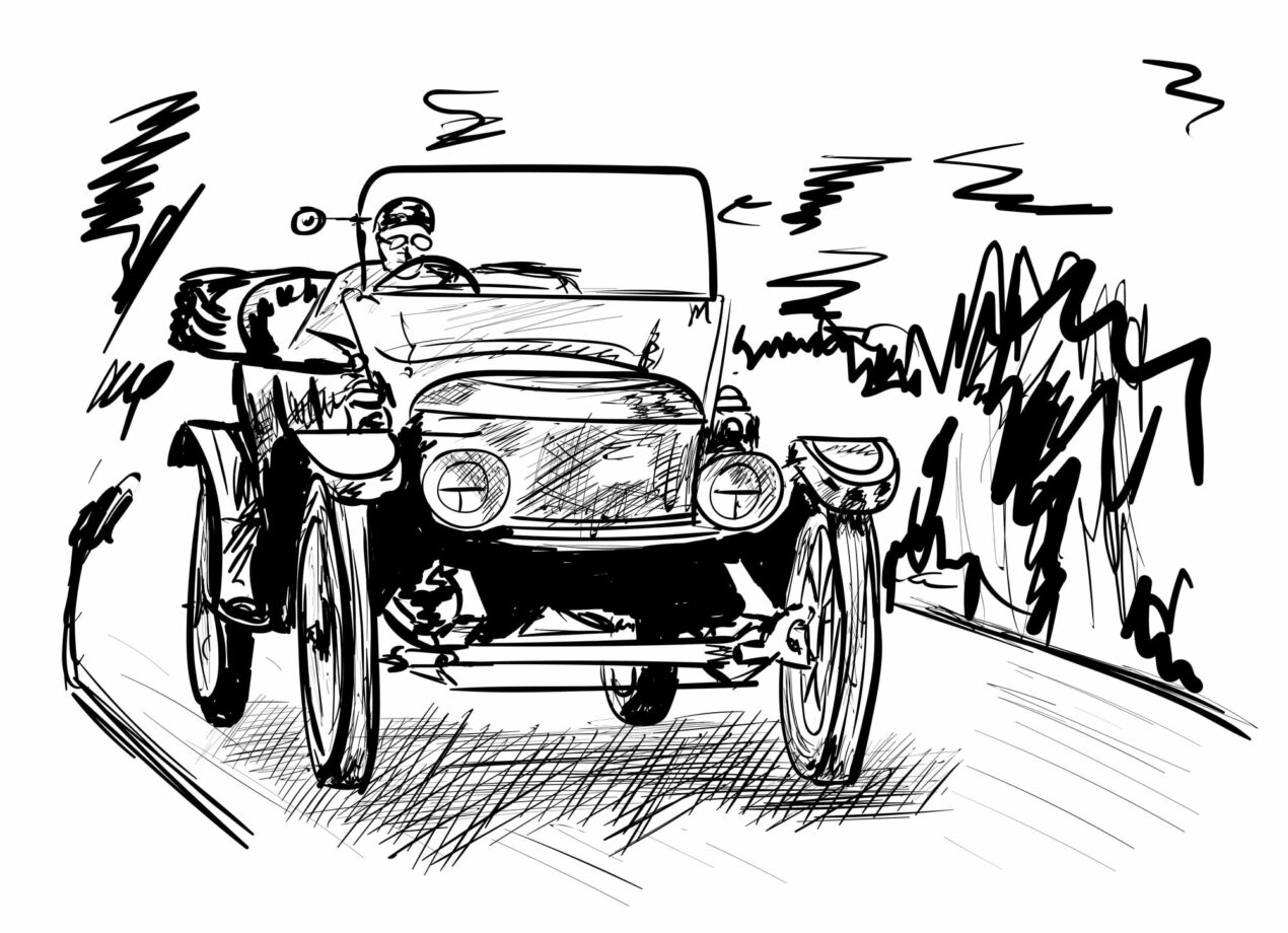 Eine Schwarz - Weiß Karikatur eines der ersten Automobile als Titelbild zur Folge 68 – Nach Taiwan mit dem King Car