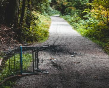 Abandoned shopping cart found on Bridle Trail in Stanley Park in Vancouver