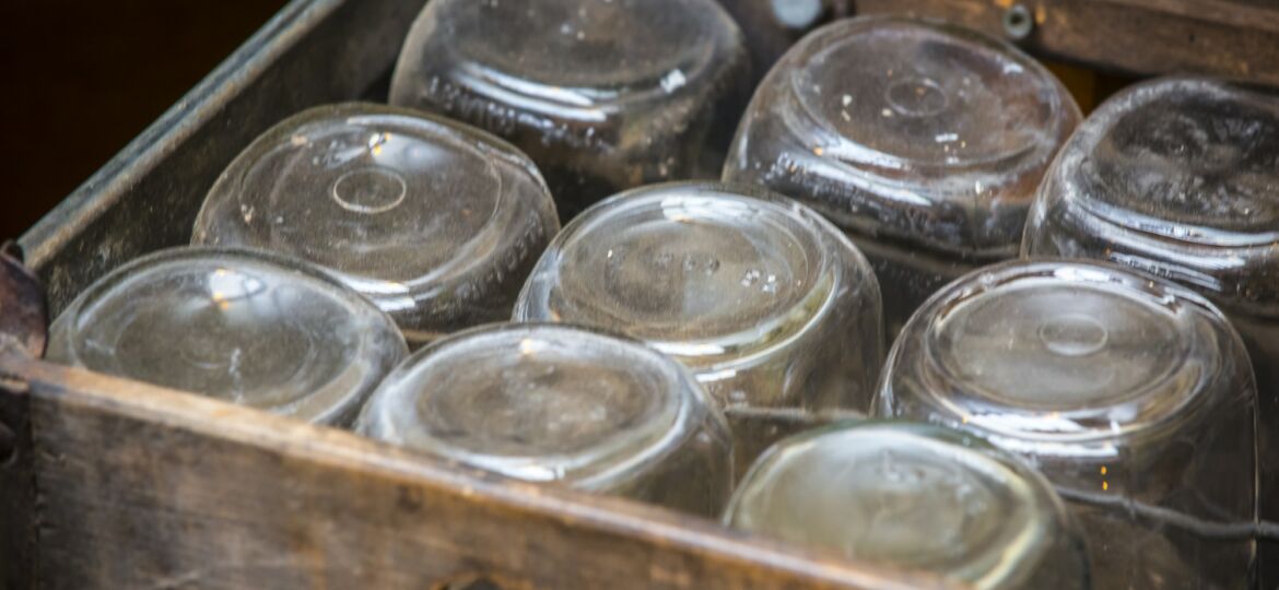 Old fashon jars in a wooden box
