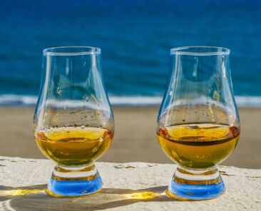 single malt whisky in the glass, luxurious tasting glass, tasty set