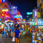 BANGKOK, THAILAND - APRIL 24, 2019: The tourist Khaosan Road is the main all night partying place with numerous bars, shops, hotels and other entertainments for tourists, on April 24 in Bangkok