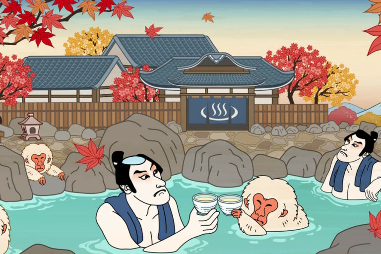 Eine Comic Karikatur von Japanischen Männern in einem Badehaus, die mit Primaten Sake in heißen Quellen trinken. Das Titelbild zur Folge 108 – Whisky aus Japan: Sake-Style