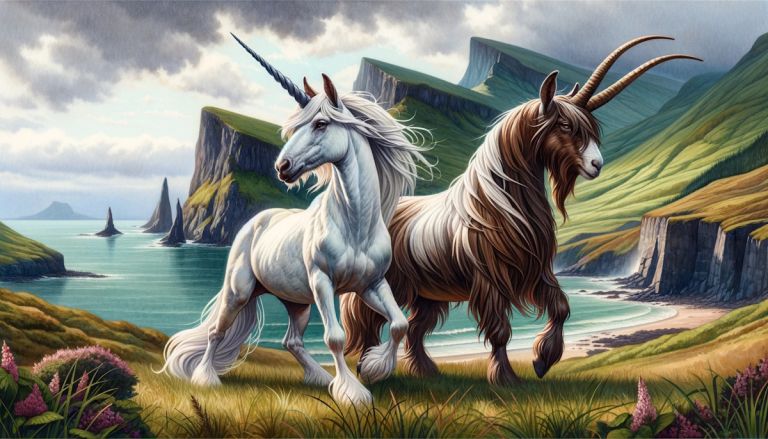 Zwei majestätische Einhörner in schottischer Küstenlandschaft – Titelbild Folge 133 – Einhörner der Highlands
