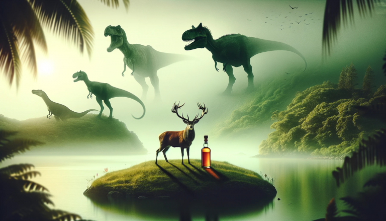 Ein Hirsch mit Whiskyflasche auf Insel, umgeben von Dinosauriern im Nebel – Fantasy-Illustration im gemäldeartigen Stil. – Titelbild Folge 132 – JURA-ssic Whisky?