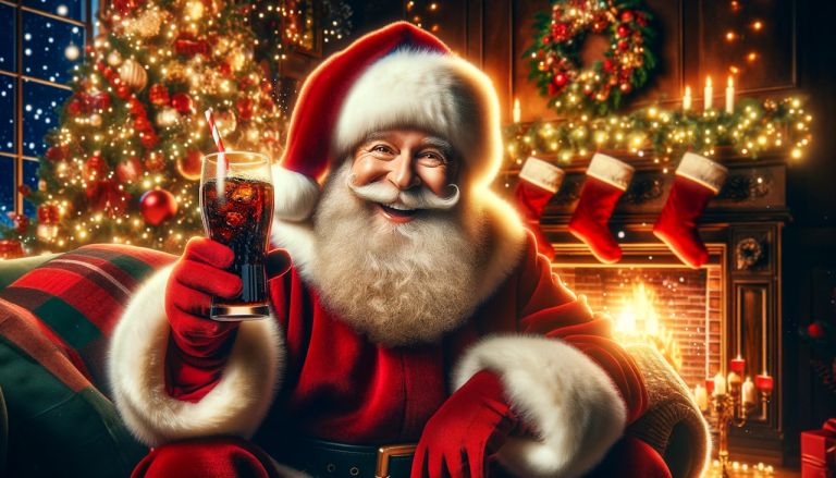 Weihnachtsmann mit Glas Cola vor Kamin und geschmücktem Baum – Titelbild Folge 134 – Merry Blue Cokemas II