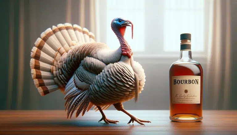 Truthahn stolz neben Bourbon-Flasche auf Holztisch – Titelbild Folge 137 – Der Ruf des Truthahns