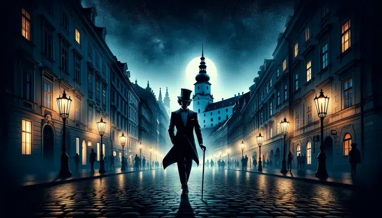 Titelbild Folge 141 – Mann mit Zylinder und Stock auf nächtlicher Kopfsteinpflasterstraße in historischer europäischer Altstadt, im Hintergrund ein zentraler Turm vor Vollmond.