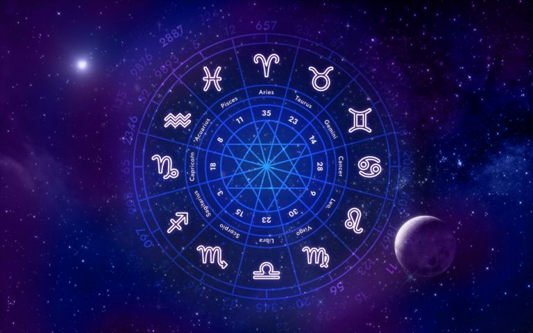 Titelbild Folge 143 – Astrologisches Tierkreisdiagramm mit Sternzeichen-Symbolen vor violettem Sternenhimmel