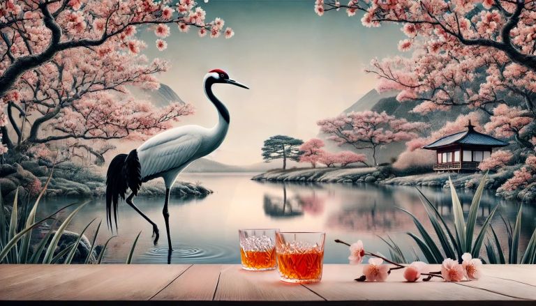 Japanisches Landschaftsmotiv mit Kirschblüten, Kranich am Wasser und zwei Gläsern Whisky im Vordergrund – stimmungsvolles Titelbild zur Podcastfolge 148 Japan Drift: Vom Muff zum Hochgenuss?