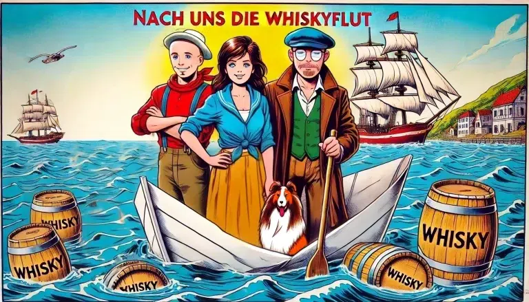 Titelbild zur Podcastfolge 150 Nach uns die Whiskyflut: Comicartige Illustration mit drei Personen und einem Hund in einem Papierboot, das auf einer Whiskyflut treibt. Um sie herum schwimmen Fässer mit der Aufschrift Whisky, im Hintergrund Segelschiffe und eine Küstenstadt.