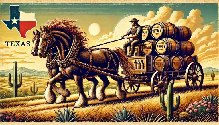 Titelbild zur Folge 151 – Pferdestärken aus Texas mit Illustration eines Pferdegespanns, das einen Wagen voller Whiskeyfässer durch die texanische Landschaft zieht.
