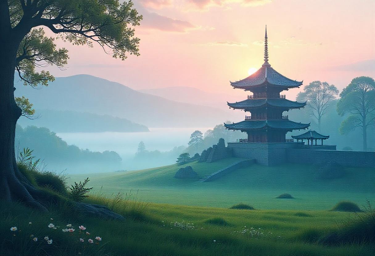 Pagode im Sonnenaufgang mit Berglandschaft, Titelbild Folge 163
