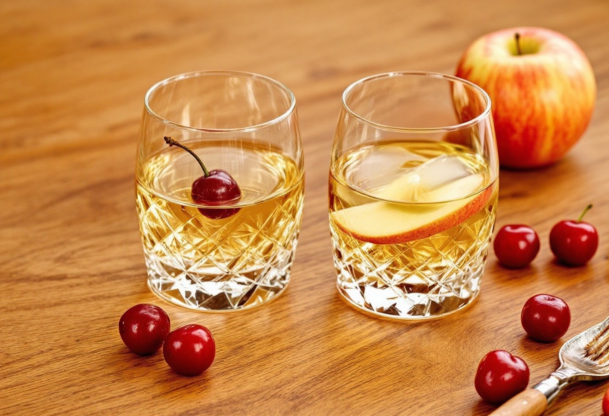 Zwei Whiskygläser mit Apfel- und Kirschgarnitur auf Holztisch – Podcast Folge 167
