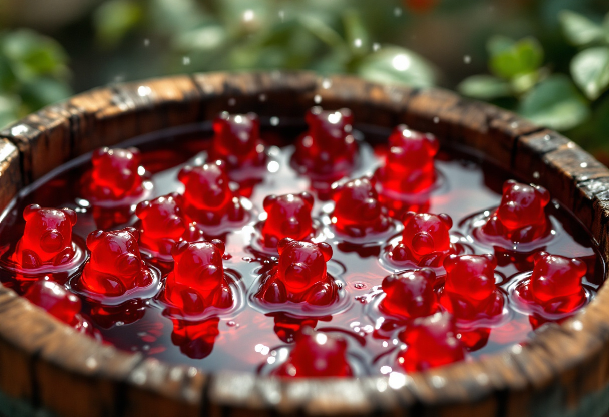 Rote Gummibärchen schwimmen in einem Fass mit roter Flüssigkeit, Titelbild Folge 169.