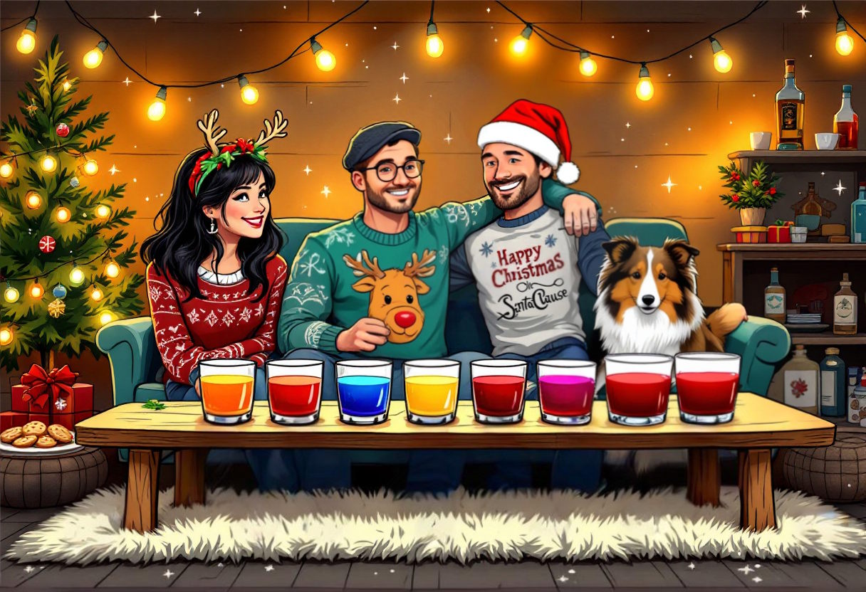 Drei Personen in Weihnachtsstimmung mit Rentier-Pullis, festlicher Beleuchtung, bunten Getränkegläsern und einem Hund auf dem Sofa – Folge 174 Acht Fanta, ein Gentleman und viel Gelaber