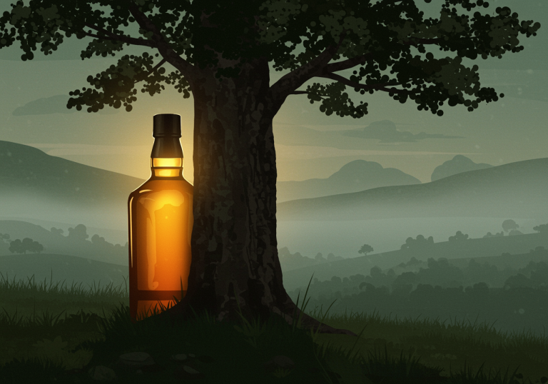 Leuchtende Whiskyflasche, angelehnt an einen Baum vor nebliger Hügellandschaft für Folge 180 Hydes and Seek