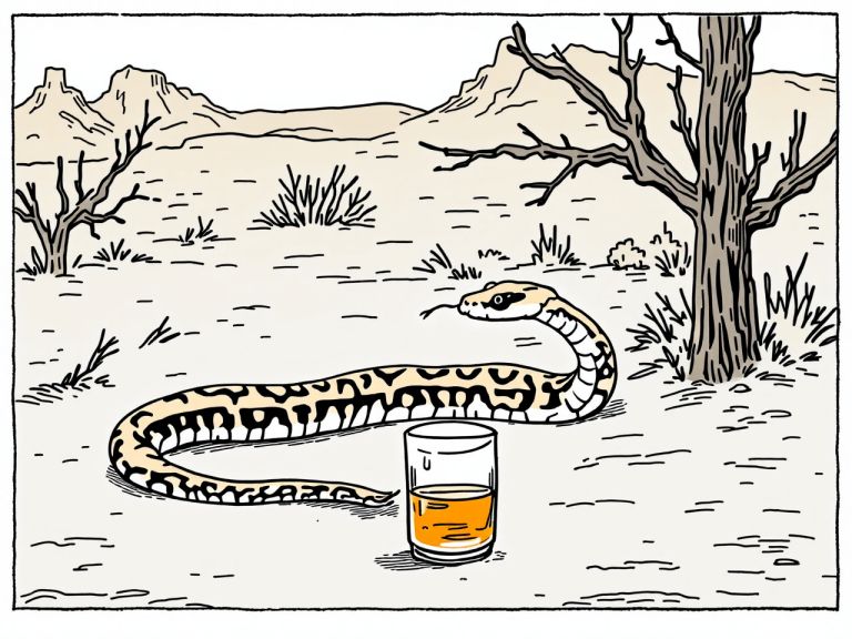 Schlange in Wüstenlandschaft mit Glas Whisky im Vordergrund für Folge 182 Die Legende von Ponderosa?