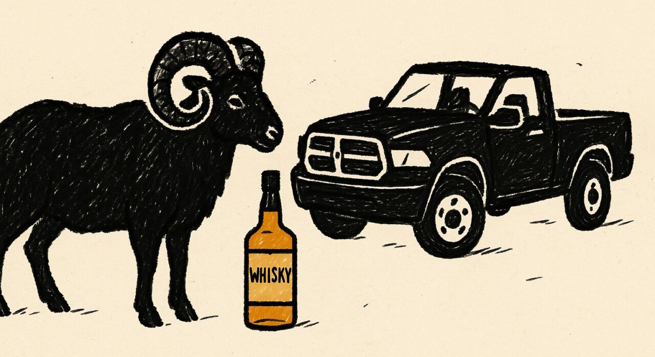 Widder mit Whiskyflasche und schwarzem Pickup für Folge 188 Von Norma bis Nashville