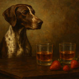 Folge 191 Titelbild: Pointer betrachtet 2 Bourbon-Gläser auf einem Tisch mit Erdbeeren und Kirschen