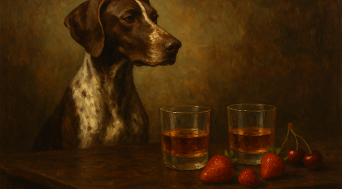 Folge 191 Titelbild: Pointer betrachtet 2 Bourbon-Gläser auf einem Tisch mit Erdbeeren und Kirschen
