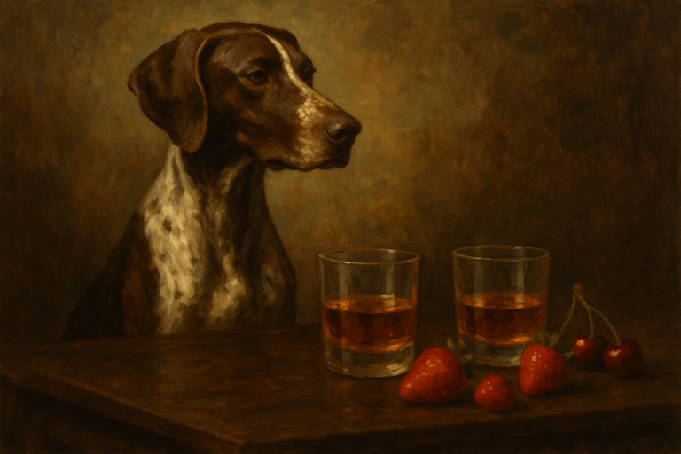 Pointer betrachtet zwei Bourbon-Gläser auf Tisch mit Erdbeeren und Kirschen für Folge 191 Bird Dog Wo Bourbon auf süße Sünde trifft