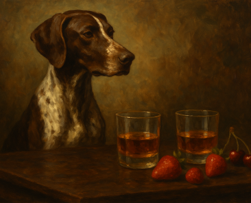 Folge 191 Titelbild: Pointer betrachtet 2 Bourbon-Gläser auf einem Tisch mit Erdbeeren und Kirschen