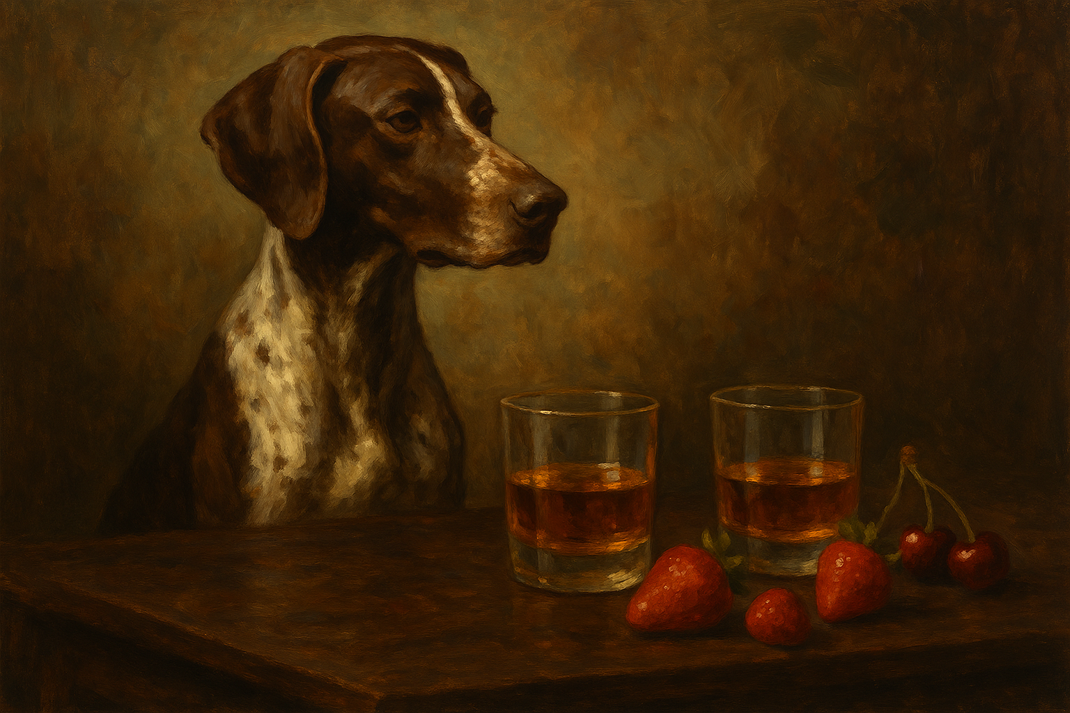 Folge 191 Titelbild: Pointer betrachtet 2 Bourbon-Gläser auf einem Tisch mit Erdbeeren und Kirschen