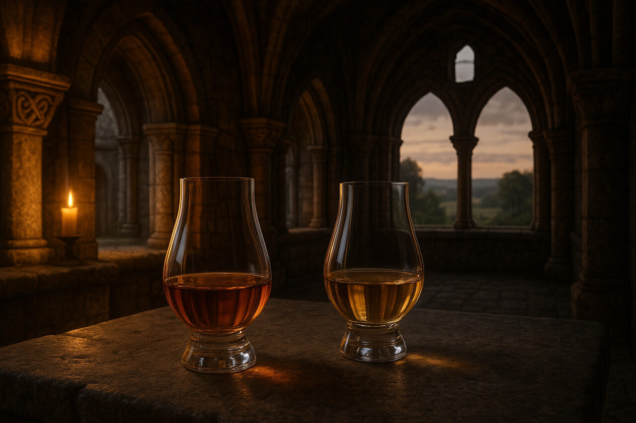 Zwei Whisky-Gläser auf steinernem Podest in einem historischen Kreuzgang bei Folge 193 Bonjour Basalt Au revoir Albariza