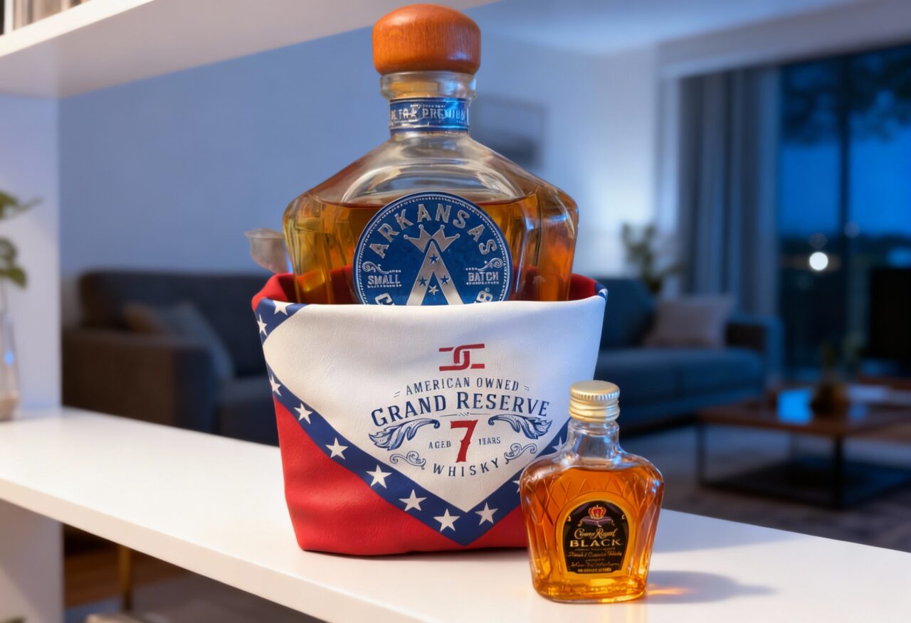 Arkansas Crown Club und Crown Royal Black stehen in einem Raumtrennerregal im Wohnzimmer