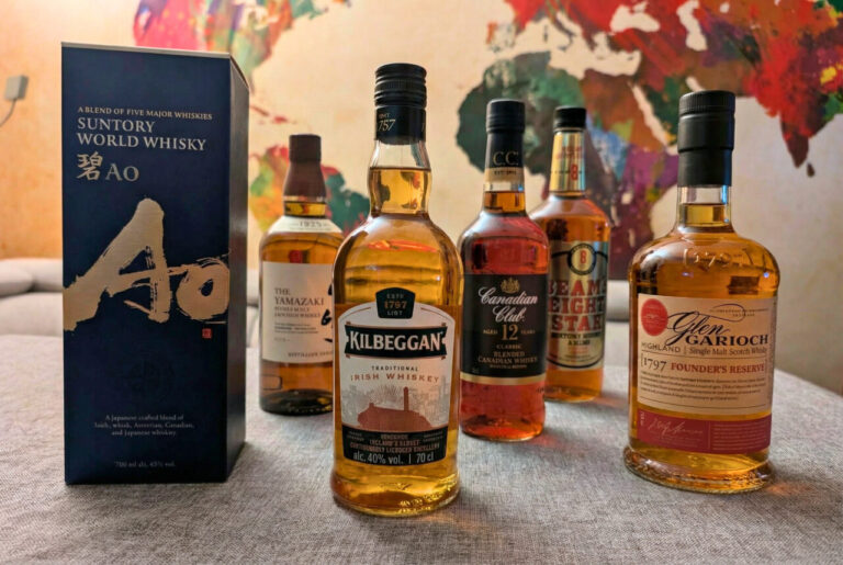 Titelbild zur 200. Jubiläumsfolge des Whisky-Podcasts 'Grab the Glass'. Das Foto zeigt das Tasting-Lineup vor einer Weltkarte: Links die blaue Verpackung des Suntory World Whisky Ao, daneben die fünf Flaschen der Komponenten-Whiskys Kilbeggan Traditional Irish Whiskey (im Vordergrund), Yamazaki Distiller's Reserve, Canadian Club 12, Beam's Eight Star und Glen Garioch Founder's Reserve.