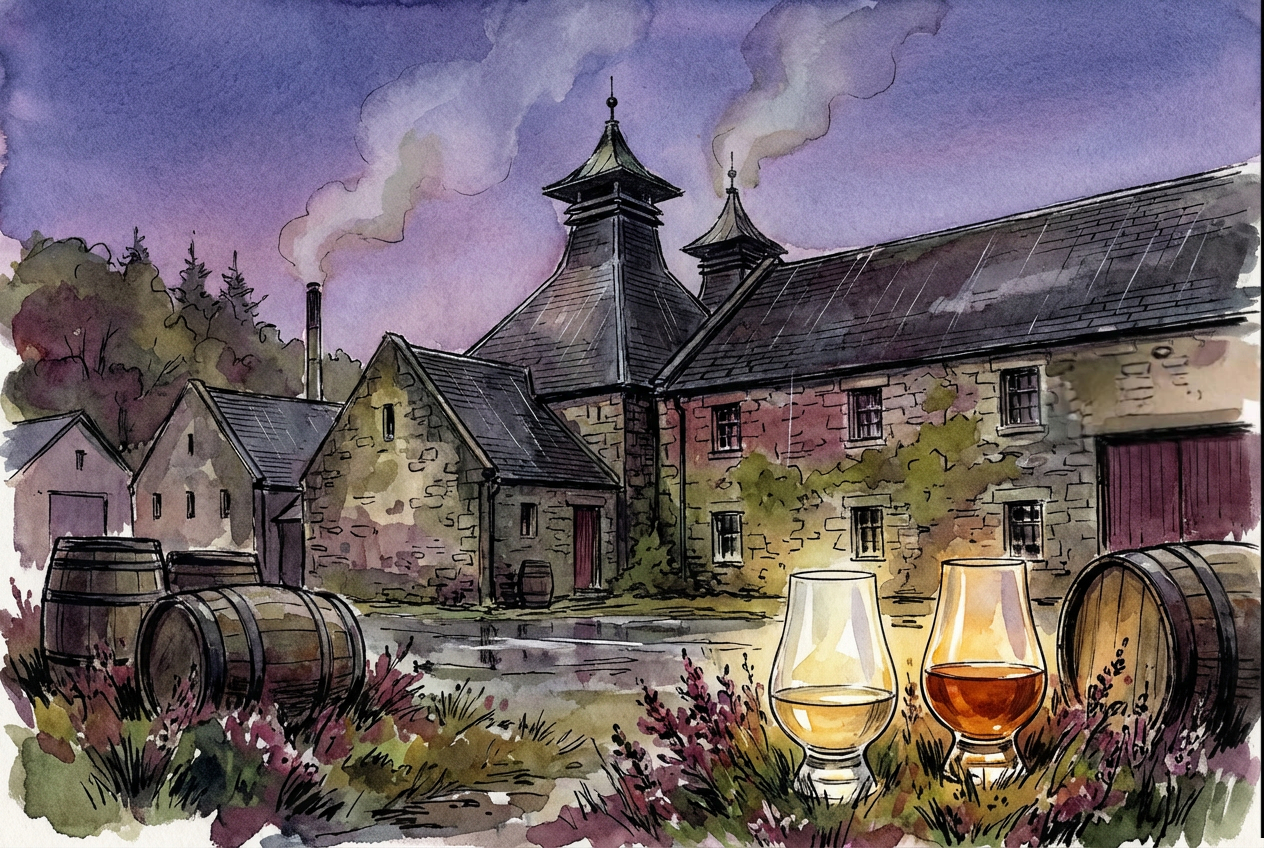 Eine stimmungsvolle Aquarell-Illustration einer typischen schottischen Highland-Destillerie mit rauchenden Pagodendächern unter einem violetten Abendhimmel. Im Vordergrund stehen zwei leuchtende Whiskygläser – eines mit hellem, eines mit dunkelrotem Whisky – neben rustikalen Holzfässern und schottischem Heidekraut.