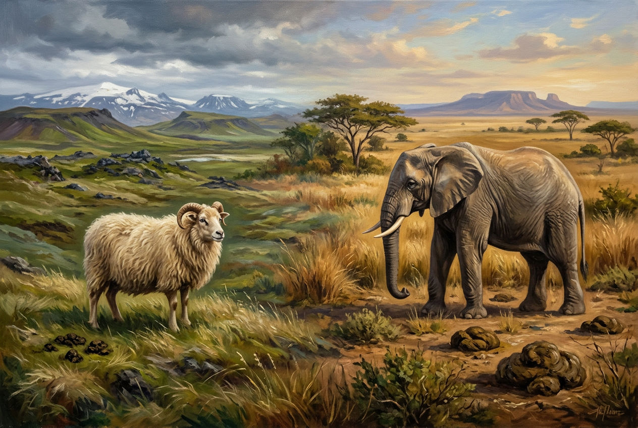 Ein surreales Ölgemälde, das zwei Welten in der Mitte nahtlos verschmelzen lässt: Auf der linken Seite steht ein isländisches Schaf mit markanten Hörnern auf einer grünen Wiese vor schneebedeckten Bergen, direkt neben einem kleinen Haufen Schafsdung. Auf der rechten Seite wandelt sich das Bild in eine trockene afrikanische Savanne, in der ein riesiger Elefant neben seinem eigenen, gigantischen Haufen Elefantendung steht.