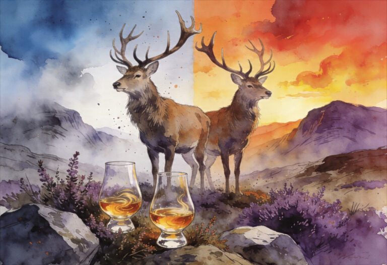 Aquarell-Zeichnung: Zwei schottische Hirsche in den Highlands. Im Vordergrund stehen zwei gefüllte Nosing-Gläser mit Whisky, der Himmel im Hintergrund ist links neblig-blau und rechts feurig-orange.