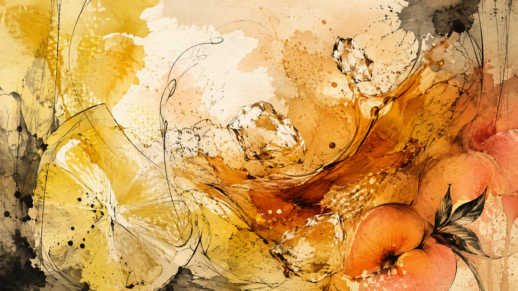 Abstraktes Titelbild mit wirbelnder bernsteinfarbener Flüssigkeit, Eiswürfeln, Zitronenscheiben und Pfirsichen in skizzenhaftem Aquarellstil.